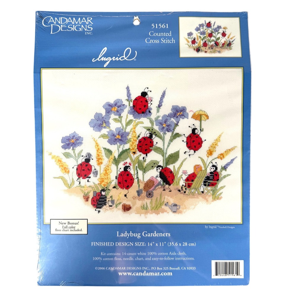 Candamar Designs Ladybug Gardeners Counted Cross Stitch Kit 51561 14x11 2006 USA